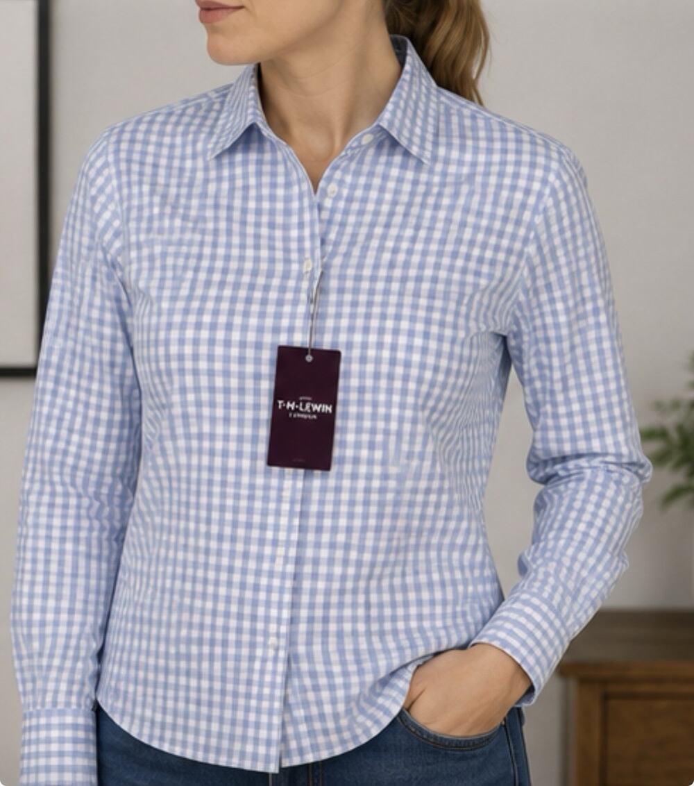 T.M. Lewin Womens 10 Blue White Check Long Sleeve Button Up Shirt NWT